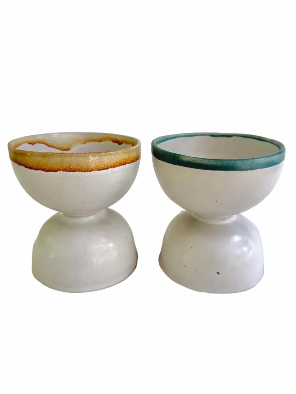 2 Vintage MCM Design Danish Ceramic Owl Faces Double Pedestal Bowls RARE
